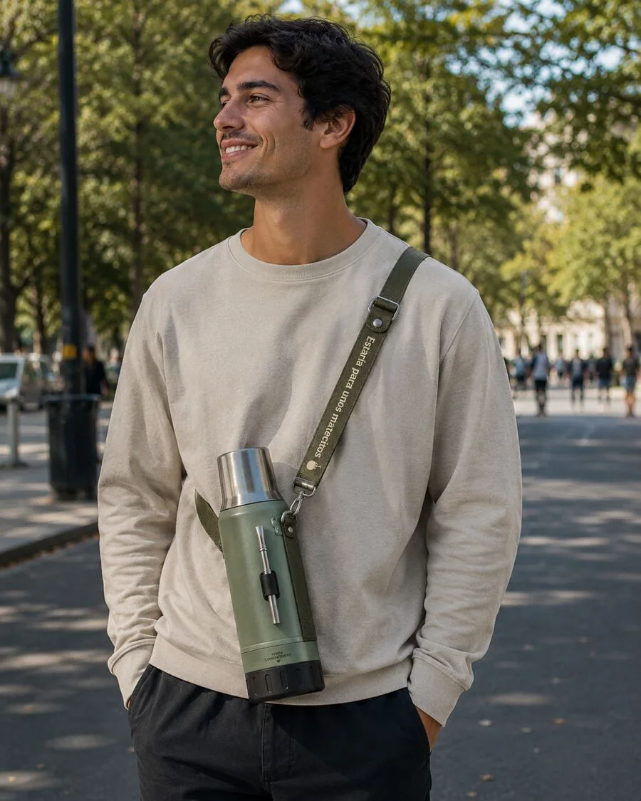 Walking a tree-lined street with the Todía thermos carried across the body on its strap.