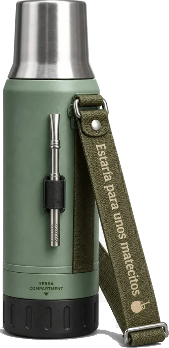 The Todía mate system: an insulated green thermos with a stainless cup lid, a bombilla and an olive cross-body strap.